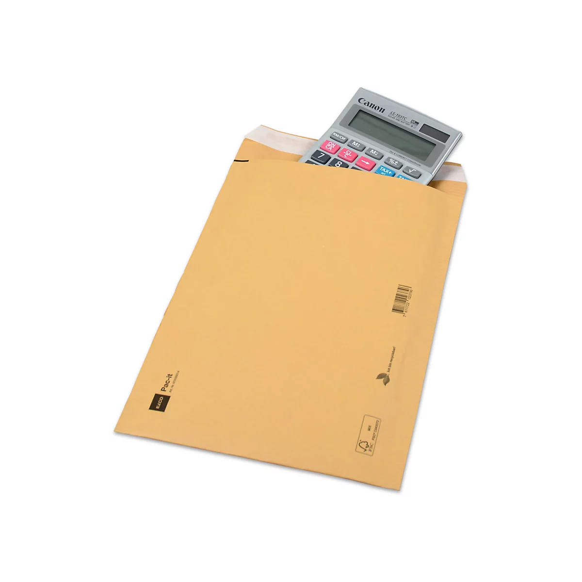 Une enveloppe matelassée marron avec une calculatrice grise et colorée.