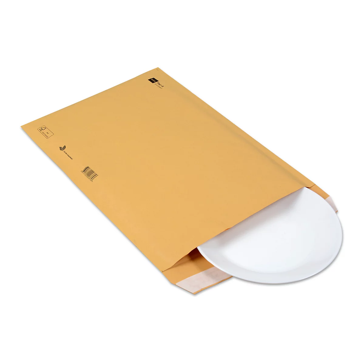 Enveloppe marron à bulles d'air avec une assiette blanche qui sort de l'ouverture.