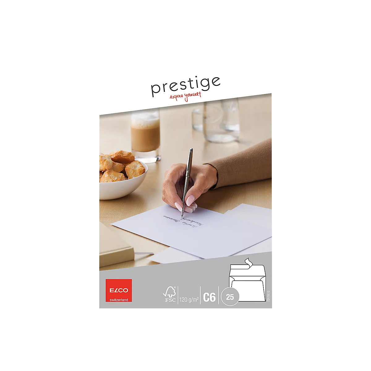 A person writes with a pen on a piece of paper. On the table are coffee, pastries, and envelopes.