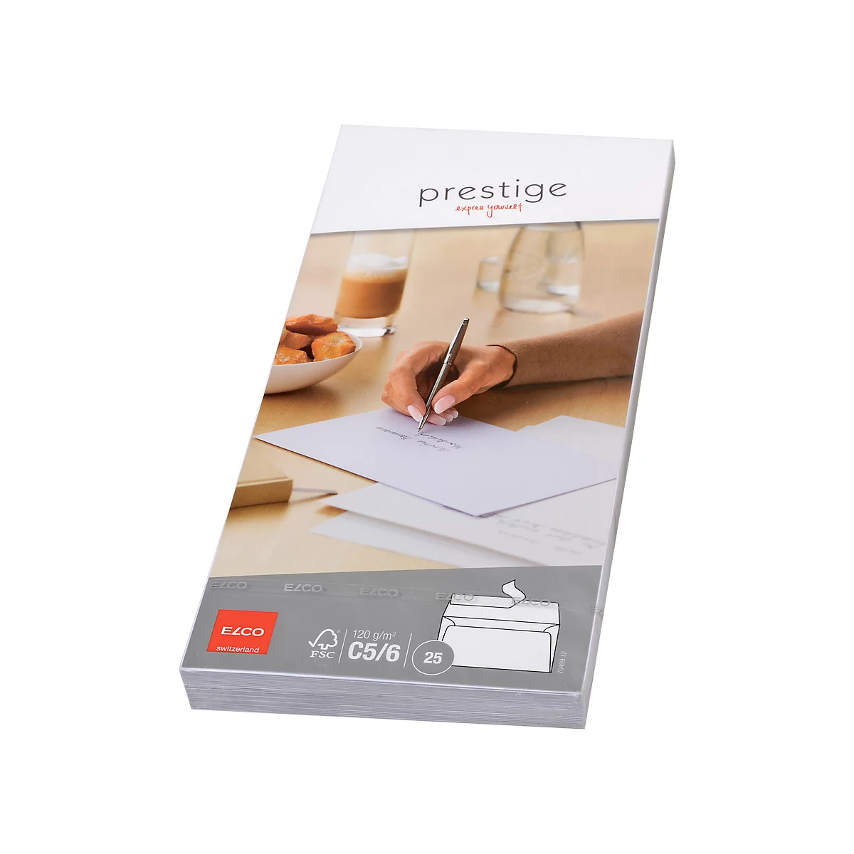 A person writing on paper. "prestige" is printed on the paper stack. In the background there is a cup of coffee and pastries.