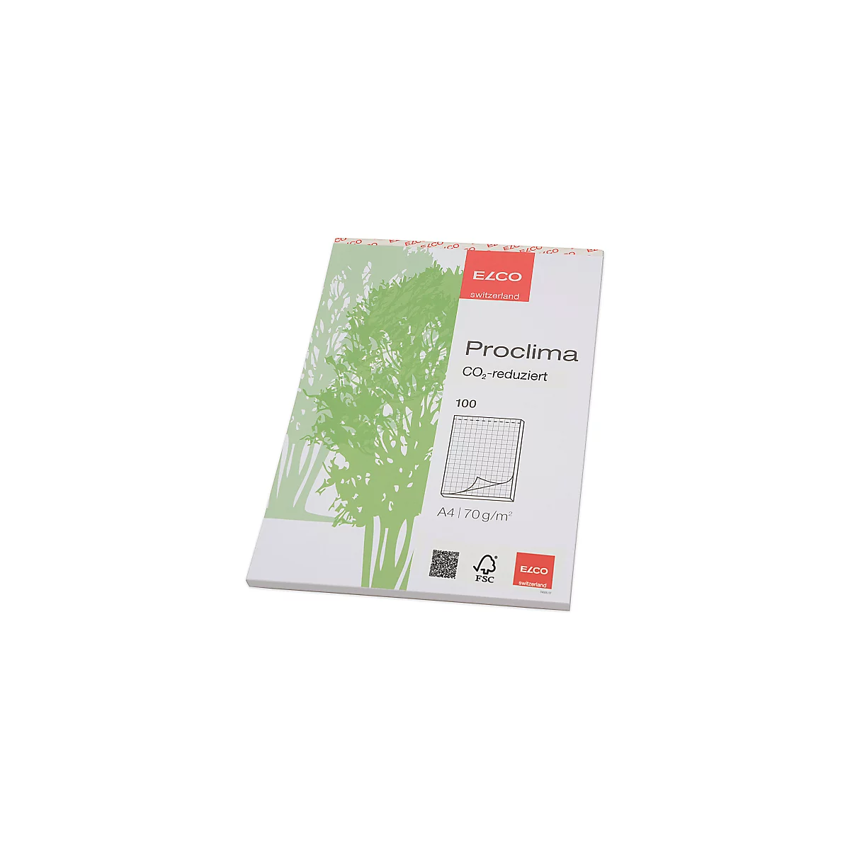 Paquet de papier imprimé. Logo ELCO Switzerland en haut à droite. Imprimé Proclima, CO2 réduit, 100 feuilles, A4, 70 g/m².