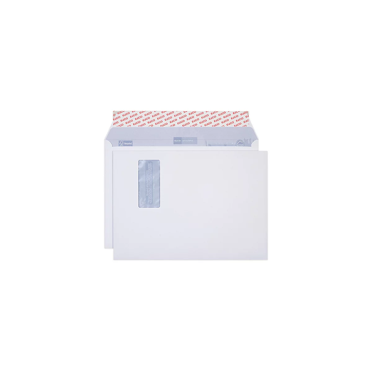 Deux enveloppes blanches, une partiellement ouverte. L'une a une fenêtre, l'autre est fermée. La bande adhésive indique "RICO" en lettres rouges.