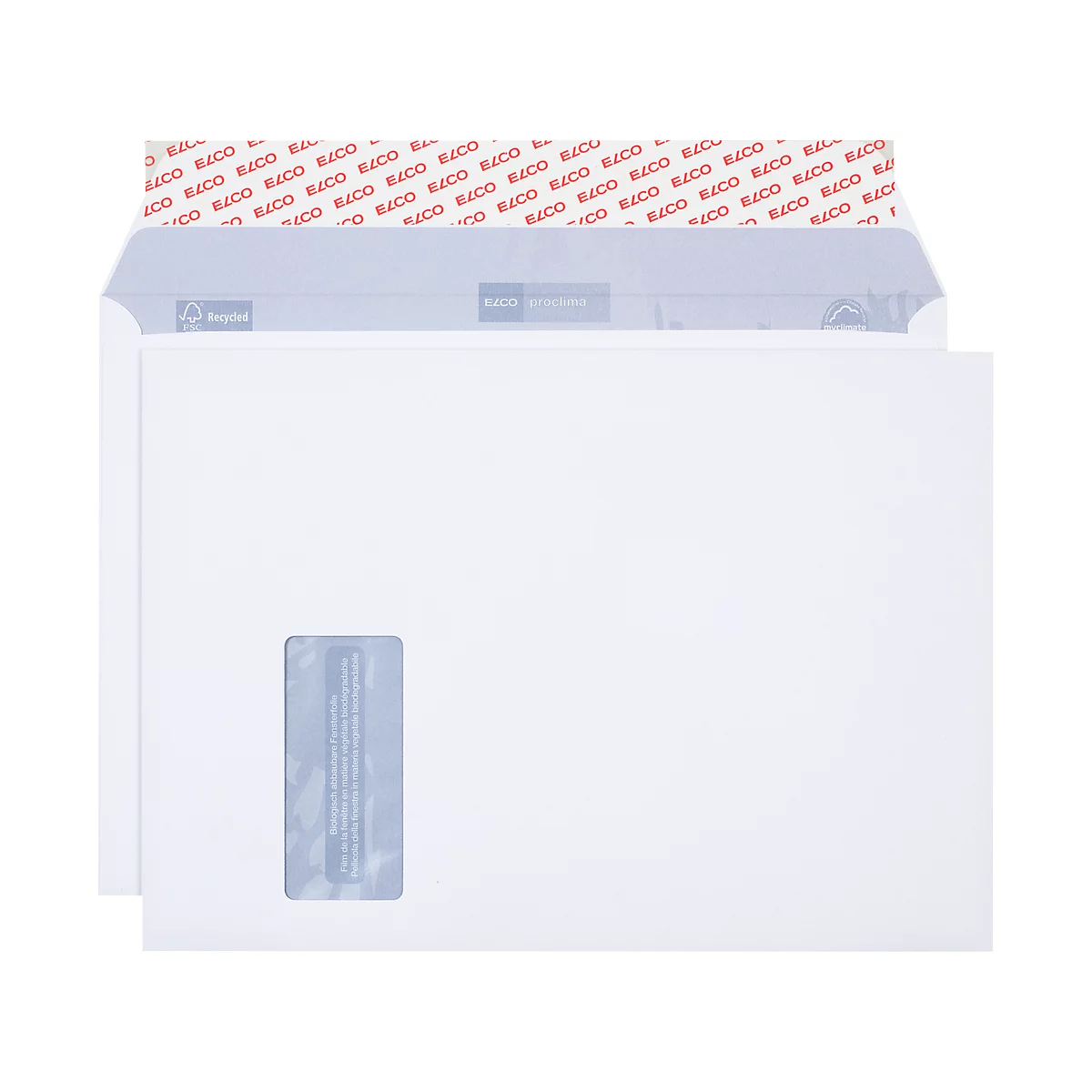 A white envelope with a window. In the background a second envelope. Red lettering at the top, window with text at the bottom.