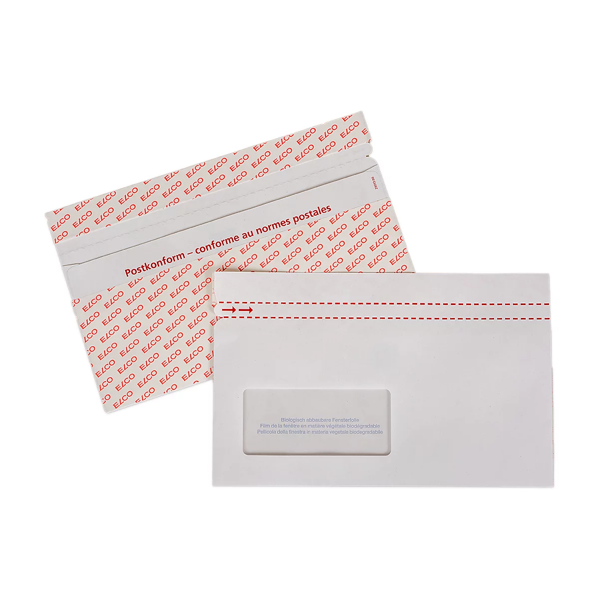 Deux enveloppes blanches, dont une partiellement ouverte, avec des marquages rouges et le texte 'Postkonform'.