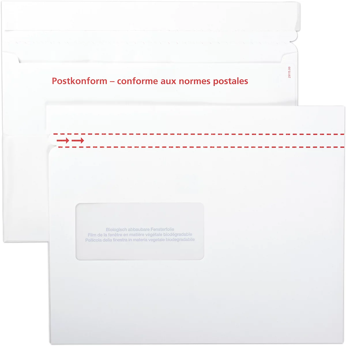 Deux enveloppes blanches; une ouverte, une avec une fenêtre. Texte rouge : Conforme aux normes postales. Pointillé pour ouvrir.