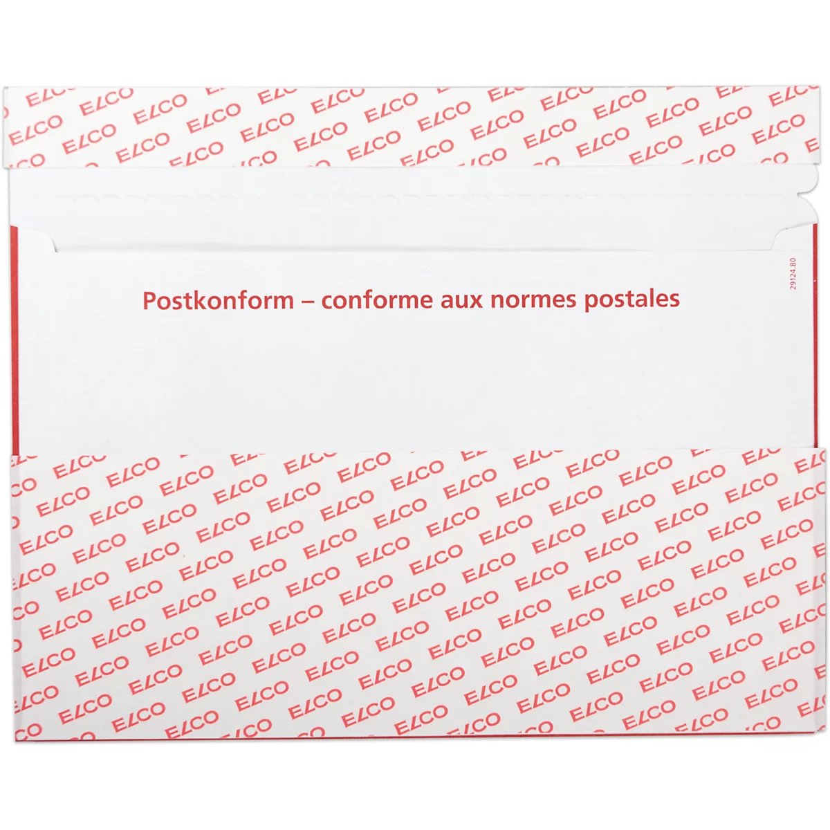 Une enveloppe blanche avec un motif imprimé rouge et le texte "Postkonform - conforme aux normes postales".