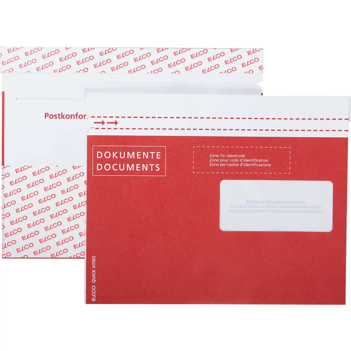 Enveloppes rouges pour documents avec fenêtre blanche, étiquetées : Documents, Zone d'identification.