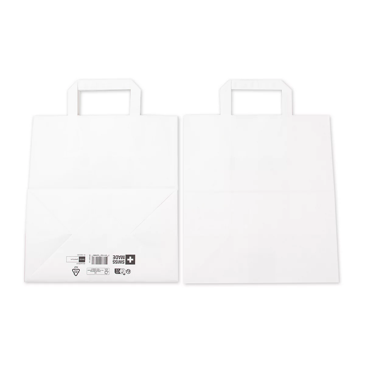 Deux sacs en papier blancs avec poignées, dont un avec une petite impression, sur fond blanc.