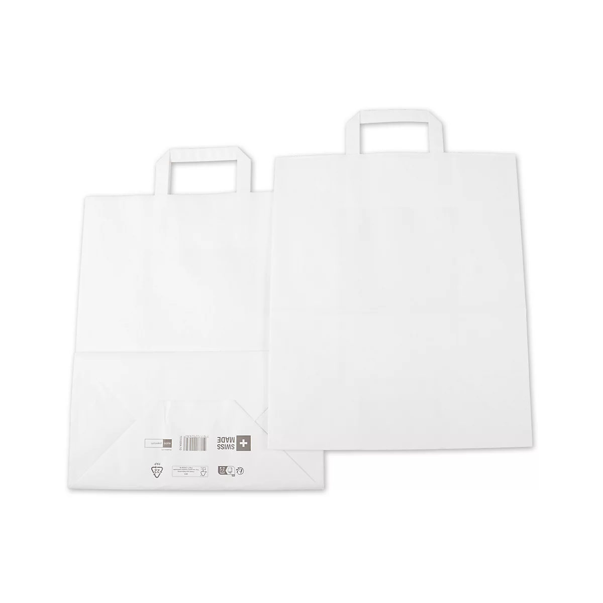 Deux sacs en papier blancs avec poignées, l'un devant l'autre.