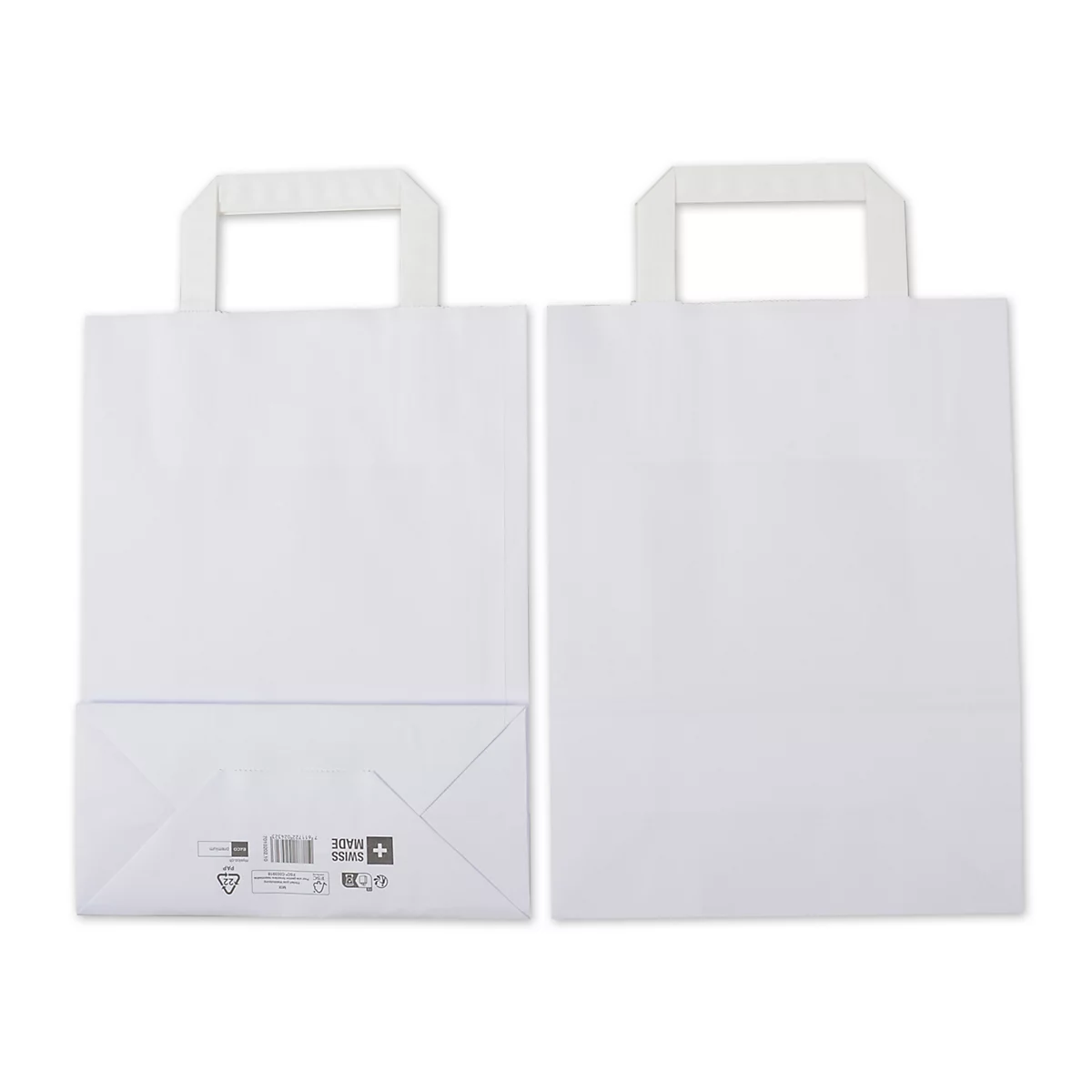 Deux sacs en papier blancs avec poignées. L'un montre le fond avec une impression.