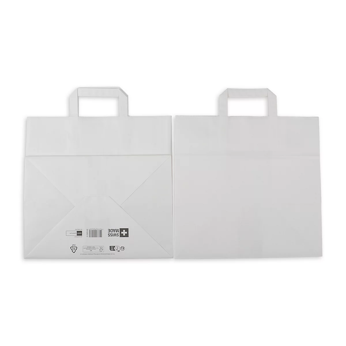 Deux sacs en papier blancs avec poignées, un côté plié, code-barres et logo.