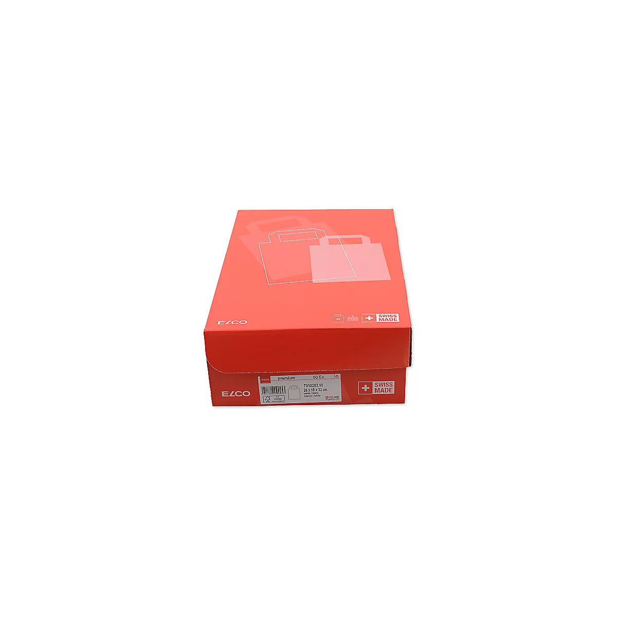 Boîte rouge avec motif sac de courses. Inscription: ELCO, Swiss Made et détails du produit.