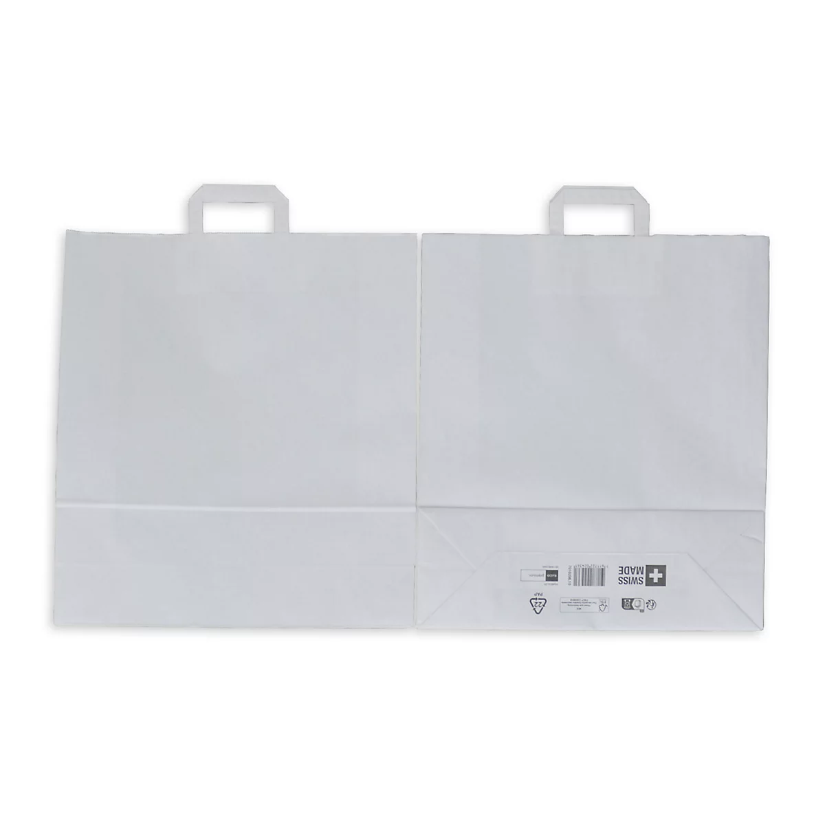 Deux sacs en papier blancs avec poignées. Un sac est légèrement plié et porte de petits symboles.