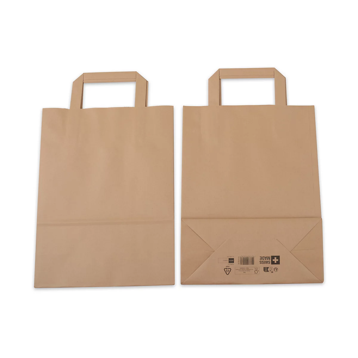 Deux sacs en papier marron, tous deux avec des poignées. Un côté montre le devant, l'autre le dos avec une impression.