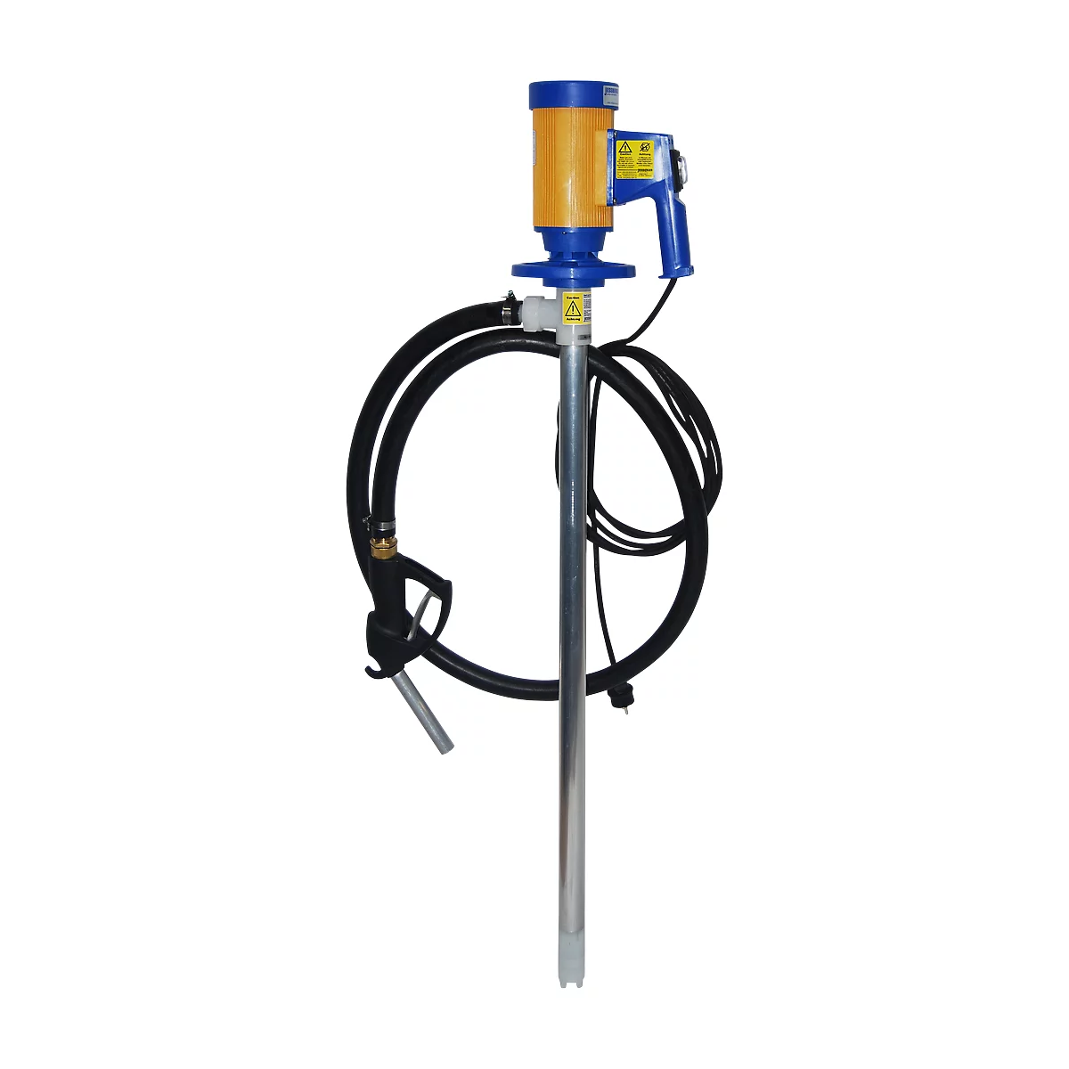 A barrel pump, yellow and blue housing, long metal rod, black hose, and a dispensing nozzle.