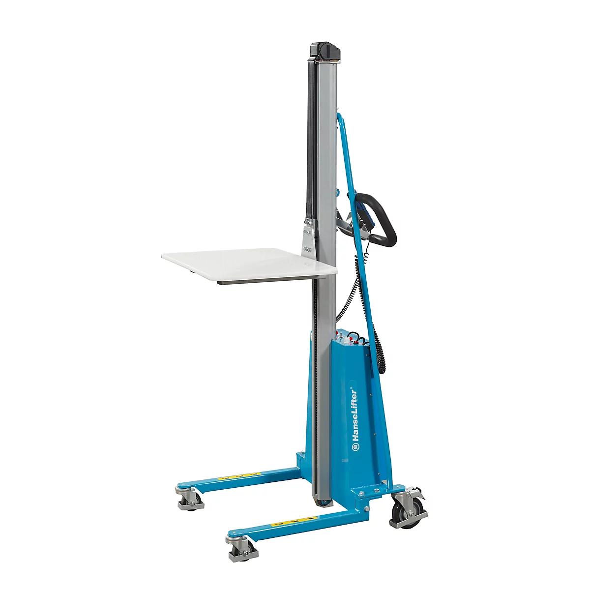 Blue and silver lever lift with white shelf, against a white background.