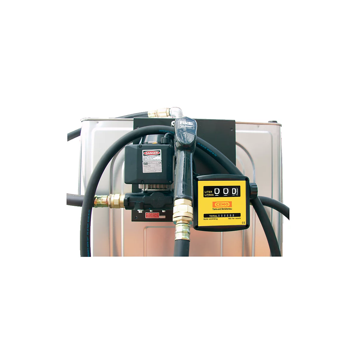 Close-up of a fuel station accessory: a black fuel nozzle, a yellow counter, hoses, and metallic components.