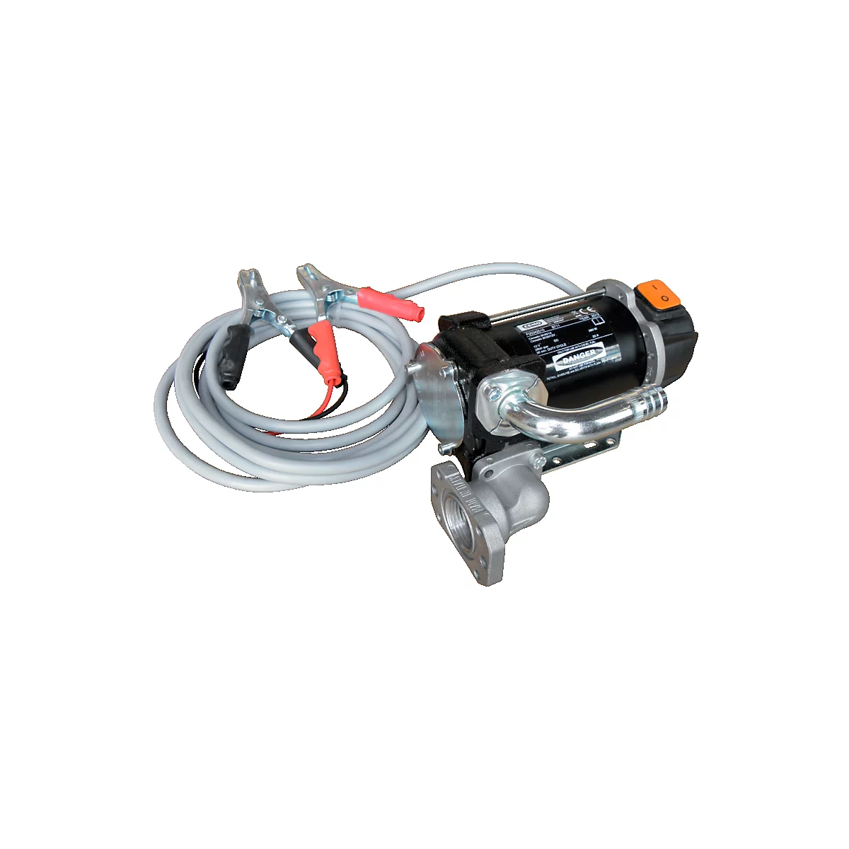 Black diesel pump with silver housing and orange button. Gray cable with alligator clips.