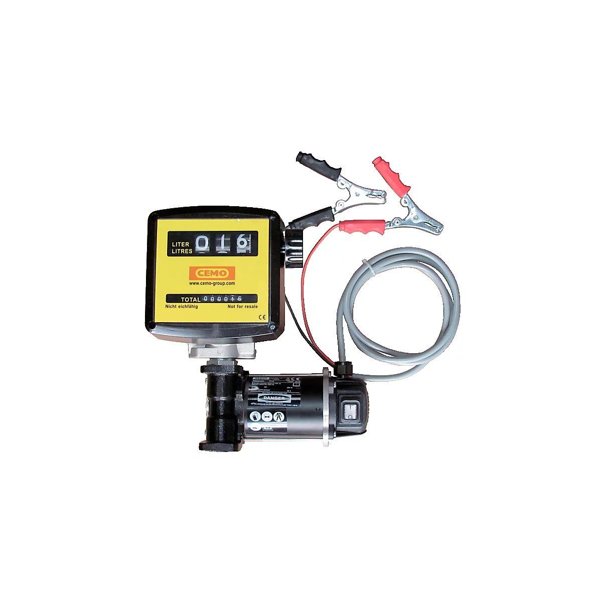Fuel gauge with numbers, yellow dial, black housing, connected to clamps and a cable.