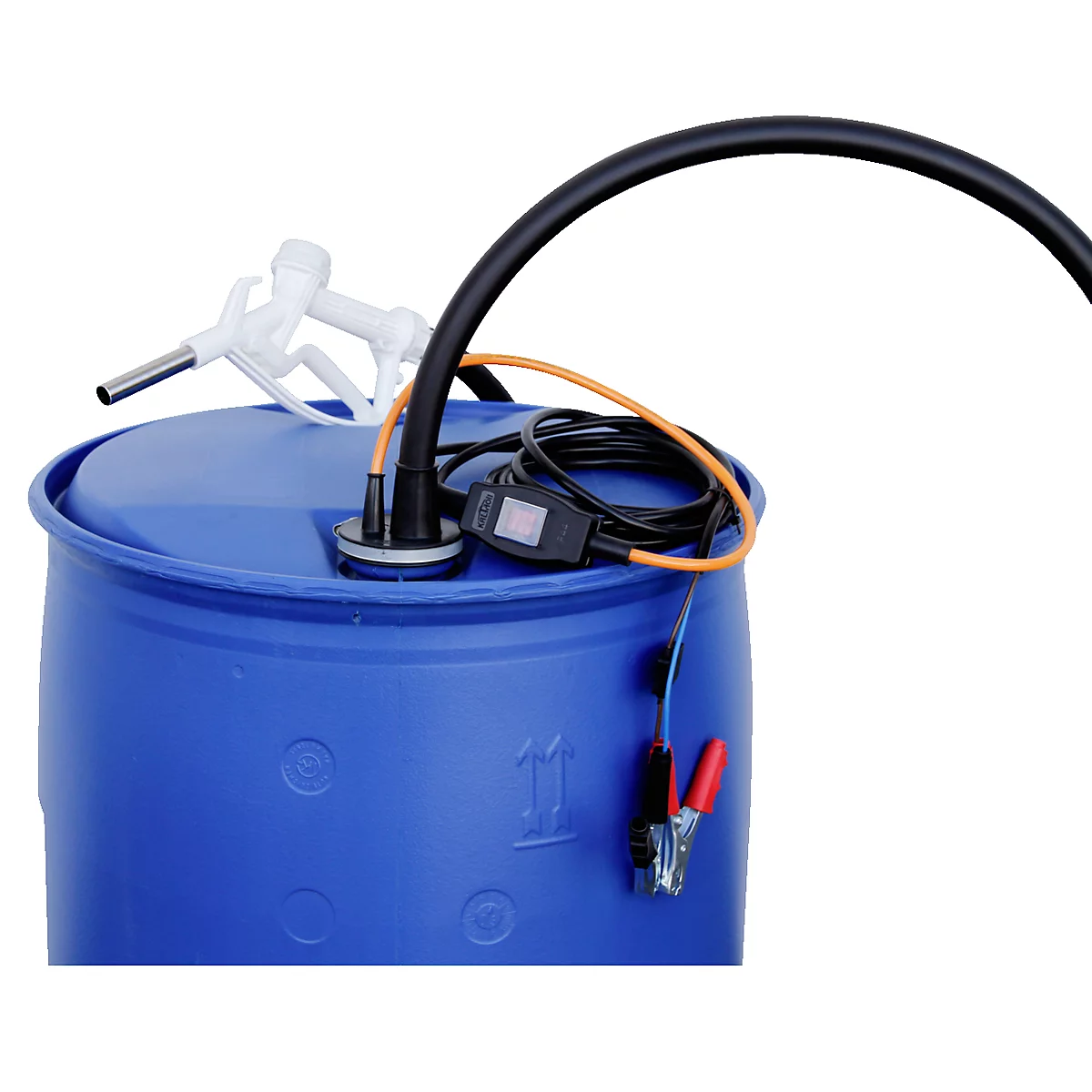 Blue barrel with a fuel nozzle and hoses. Red and black clamps are attached.