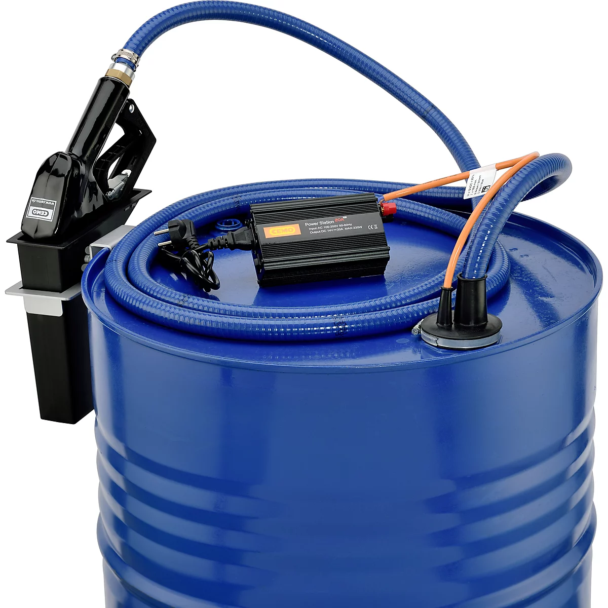 Blue barrel with dispensing gun and hose. A black control unit is on the lid.