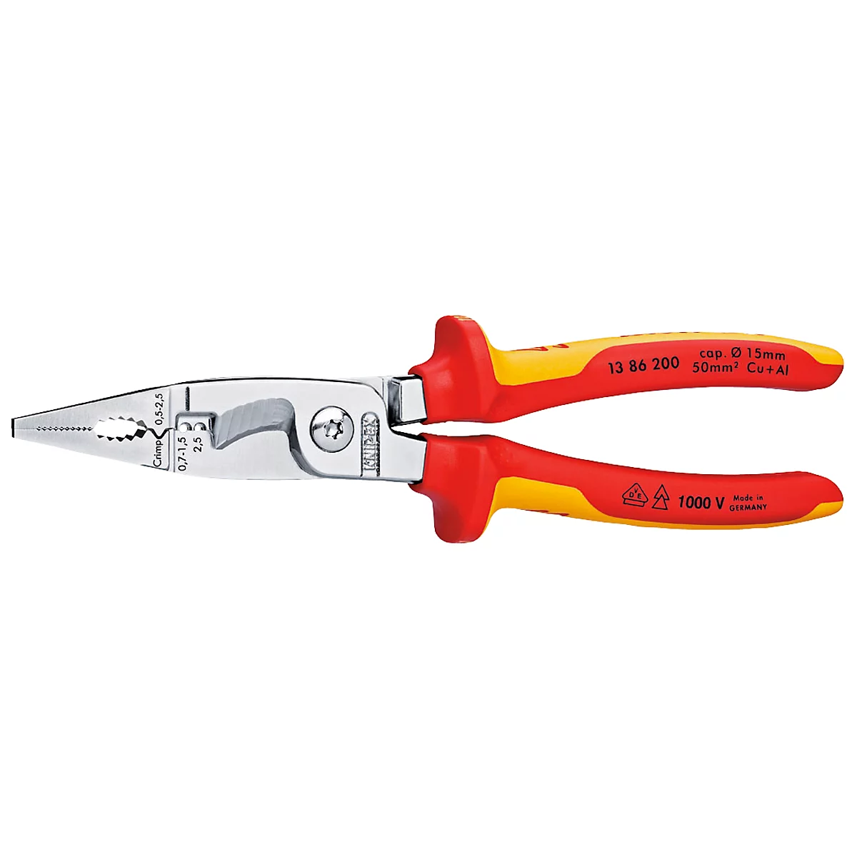 Knipex pliers. Red and yellow handles, silver tip with markings. Inscription: 1000 V.
