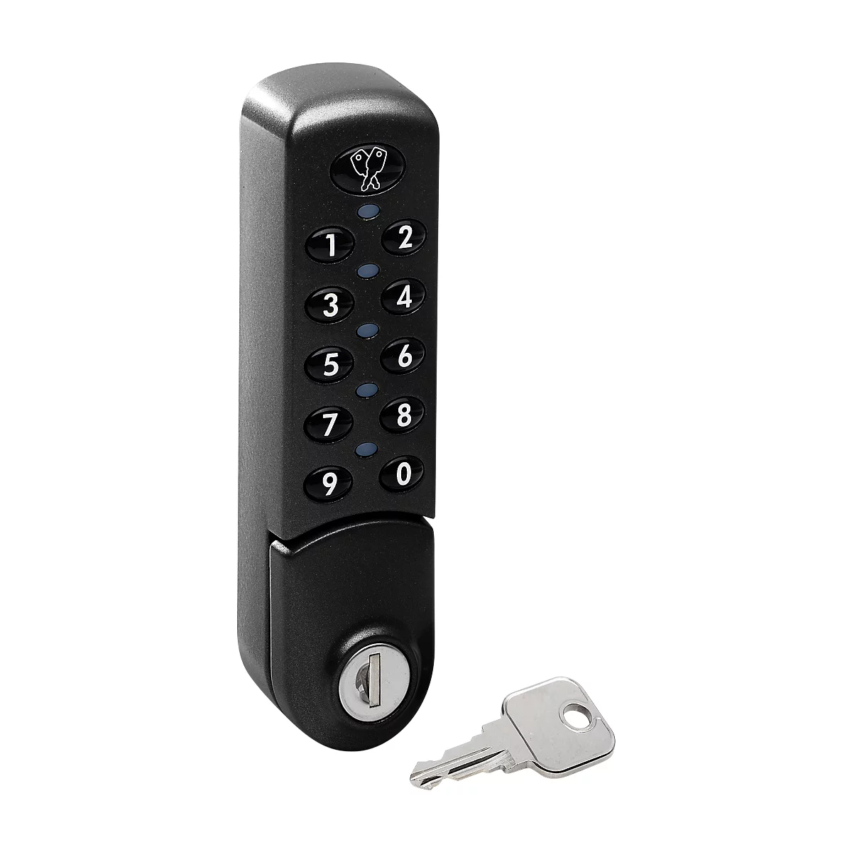 Black keypad lock with 0-9 keys and keyhole, next to a key.
