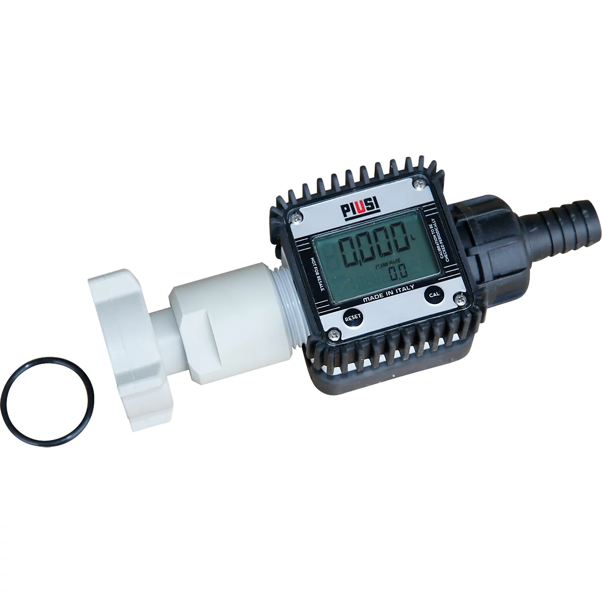 Digital flow meter with white connector, black screen, and O-ring.