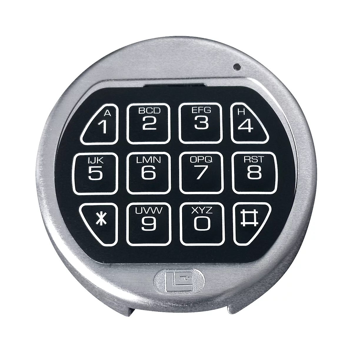 A silver keypad with black buttons and white lettering. Numbers and letters can be seen on the keys.