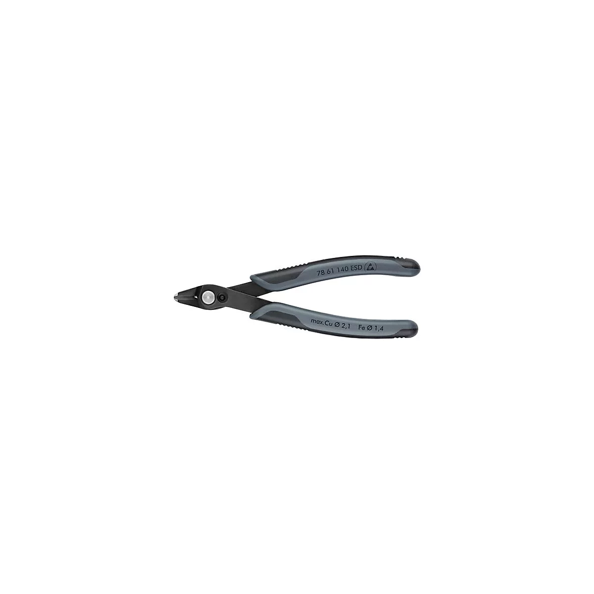 Black pliers with grey handles. Inscription: 78 61 140 ESD, max. Cu Ø 2,1 Fe Ø 1,4.