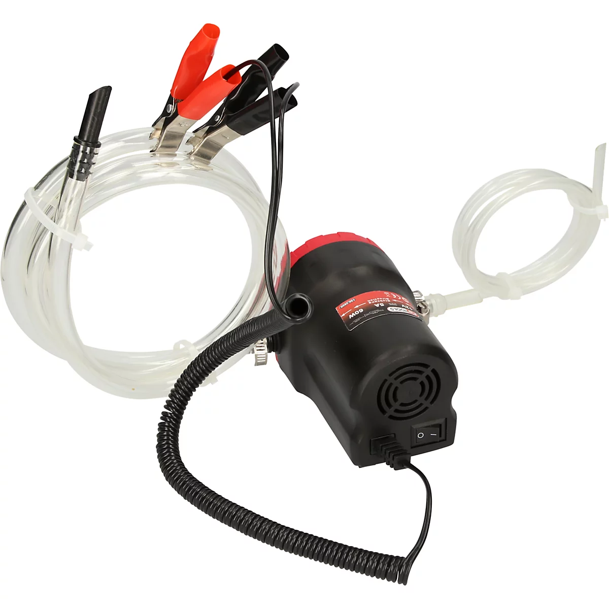 Eine elektrische Ölabsaugpumpe mit Schläuchen und Krokodilklemmen.