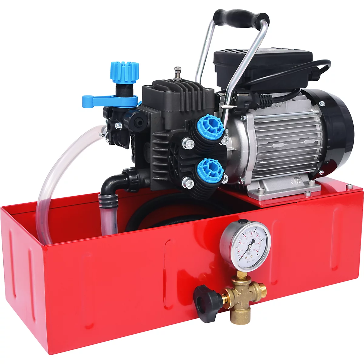 Rote Pumpe auf roter Basis, mit schwarzem Motor, blauen Ventilen und Manometer.