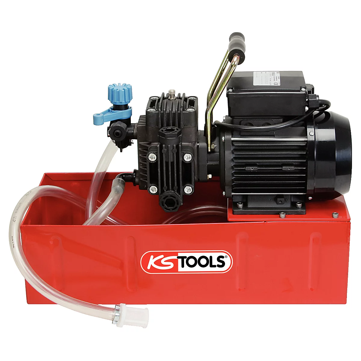Rote, mobile KS Tools Pumpe mit Schlauch, Ventil und Griff. Mit KS Tools Logo.