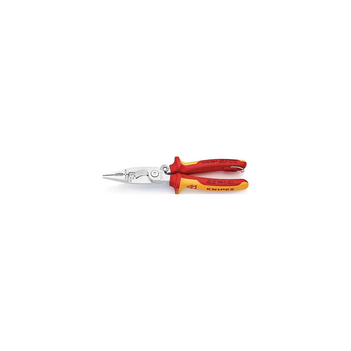 Een rode en gele punttang van Knipex. Details tonen tekst en markeringen.