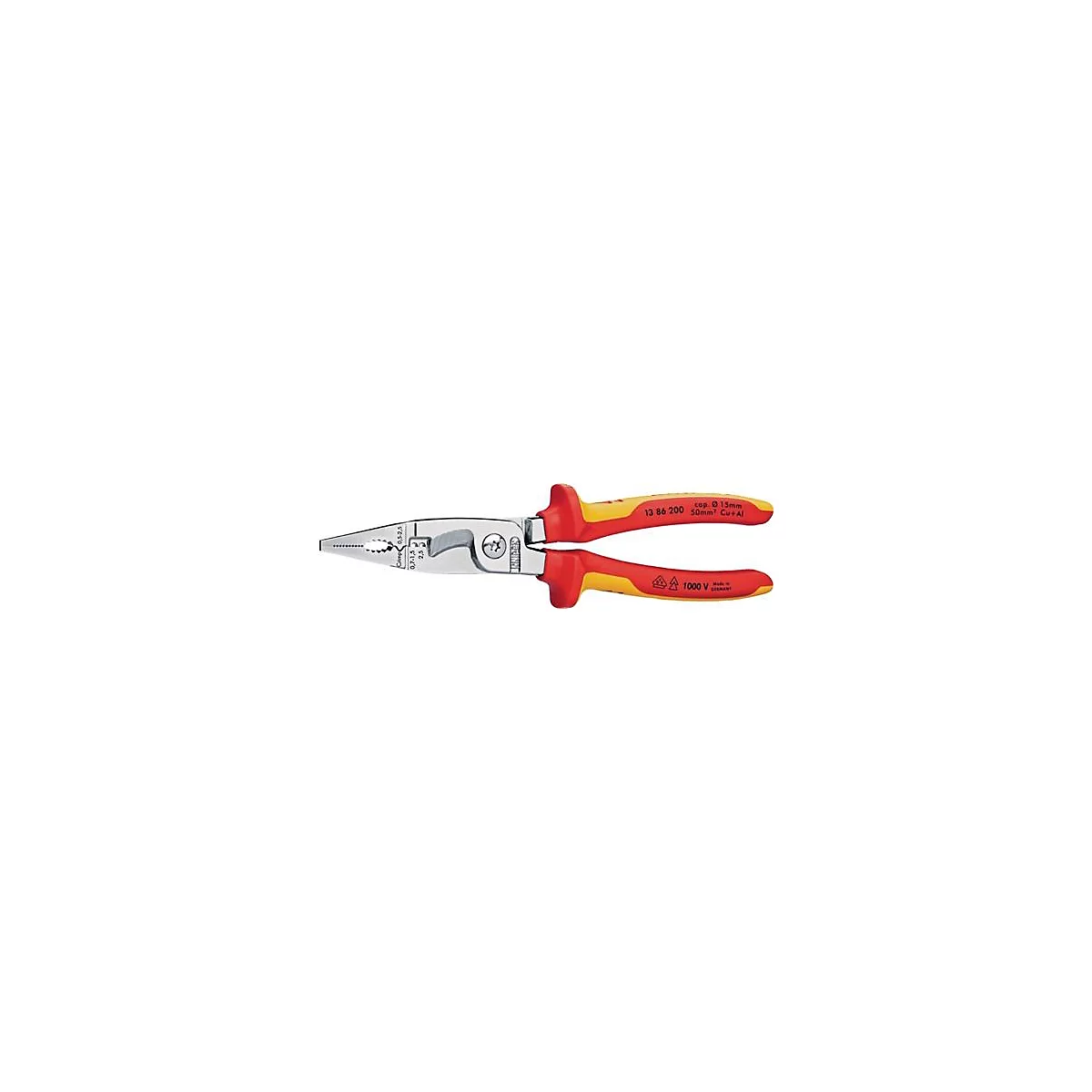 Tang, gekleurd rood en geel, liggend op een witte achtergrond. Er staat belettering op de handvatten.