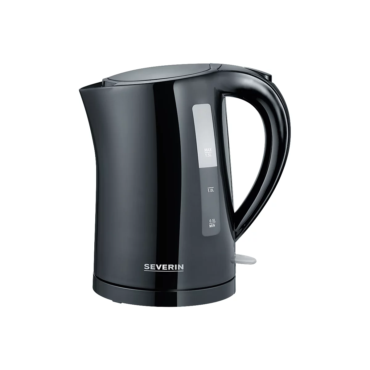Zwarte Severin waterkoker met een waterpeilindicator en een maximale inhoud van 1,5 liter.