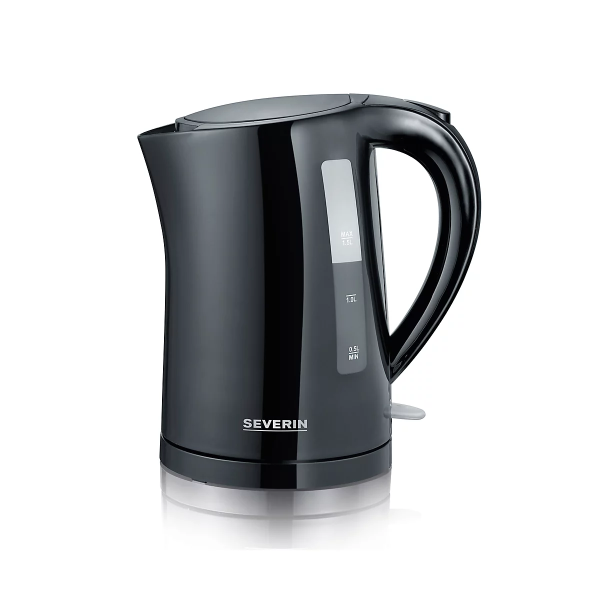 Zwarte Severin waterkoker, met handvat en waterniveau-indicator.