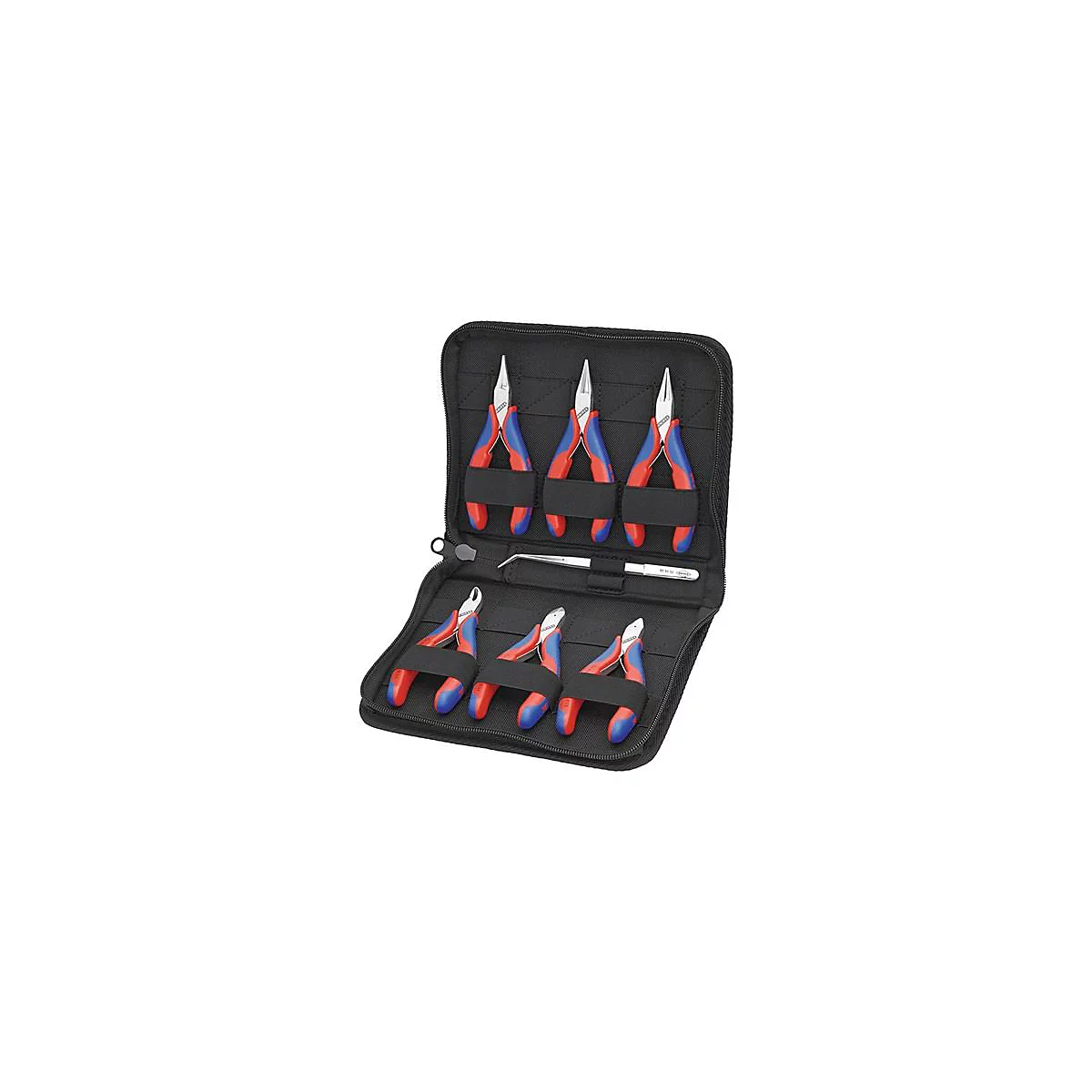 Zwarte etui met meerdere tangen en een pincet. Tangen rood, blauw, zilver. De rits staat open.