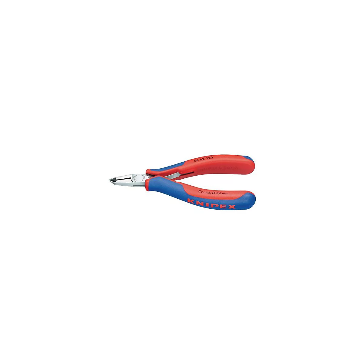 Knipex zijkniptang met rood-blauwe handvatten, belettering. Details zoals '64 62 120', 'Made in Germany' en 'Cu max. Ø 0,6 mm' zichtbaar.