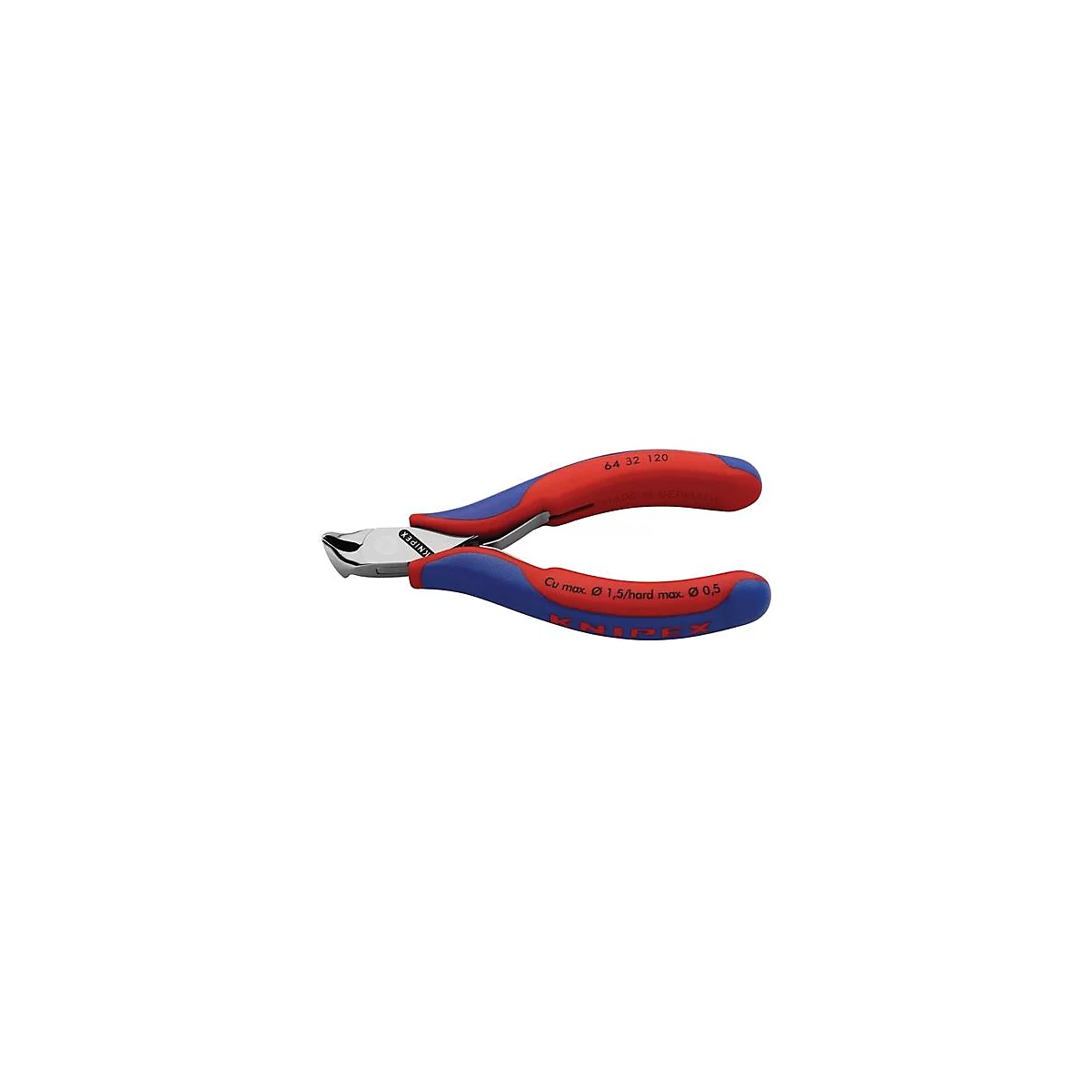 Knipex zijsnijder, rood-blauw, details zoals maat en logo herkenbaar.