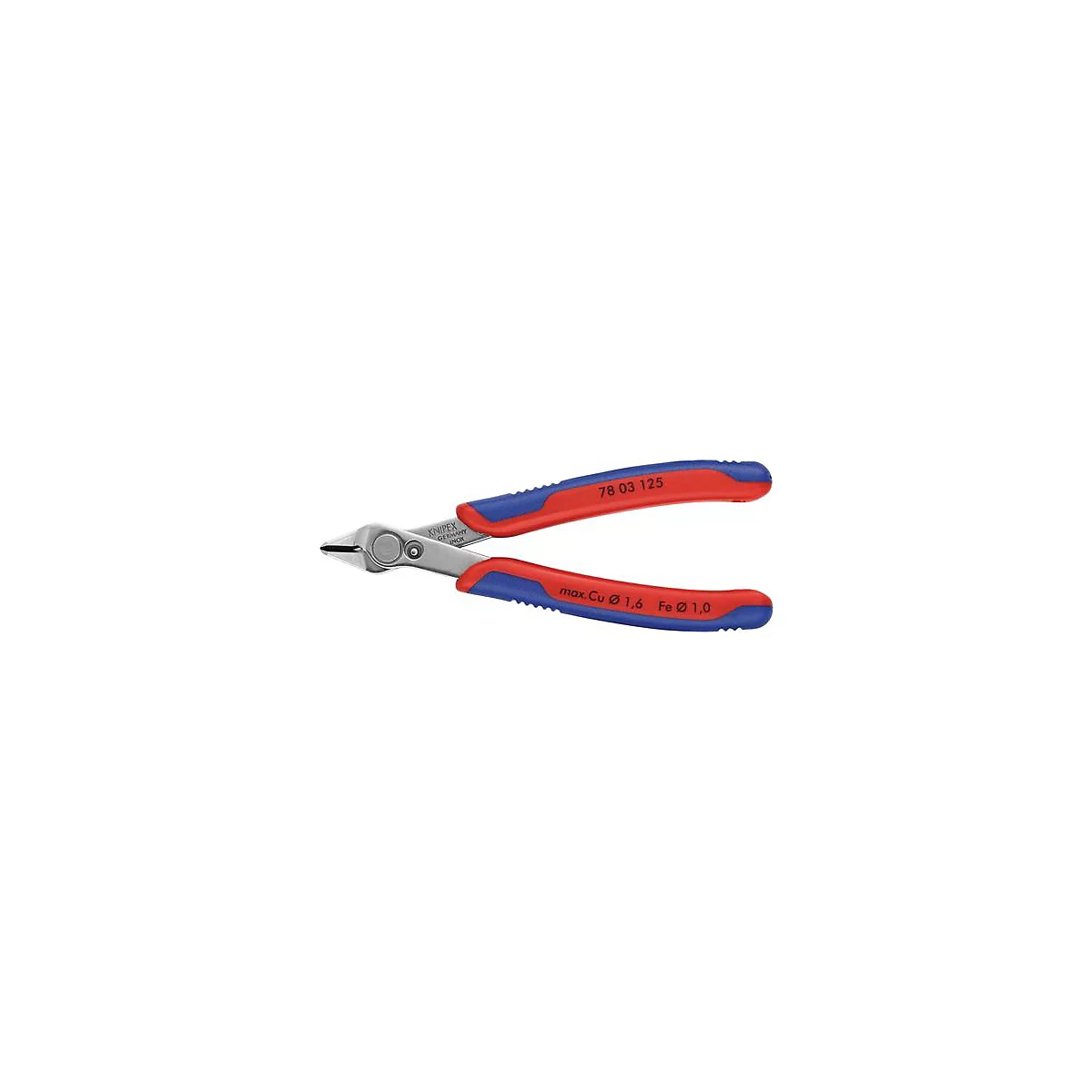 Close-up van een Knipex tang met rode en blauwe handvatten, gebruikt voor het knippen van draden. Op de tanggreep staan de nummers "78 03 125".