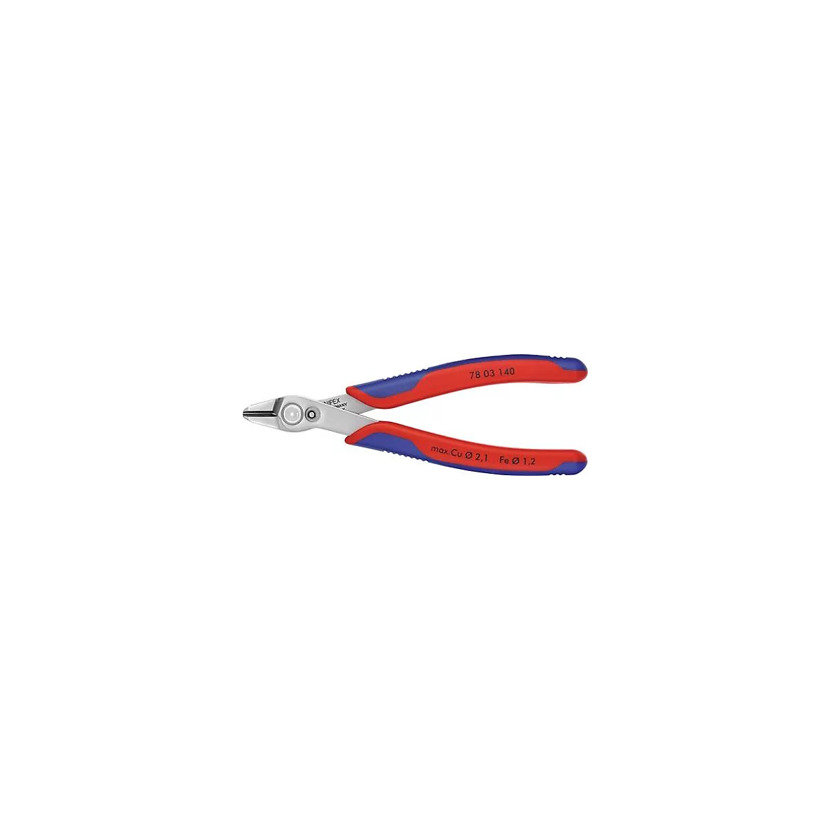 Rode en blauwe diagonale kniptang, type 78 03 140, met informatie over max. Cu Ø 2.1, Fe Ø 1.2.