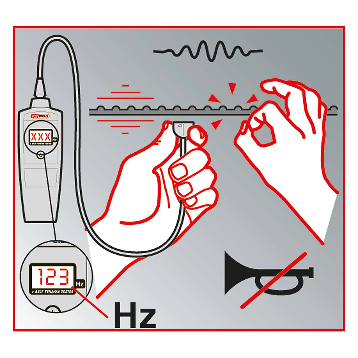 Hand hält Messgerät an einer Linie. Zeigt Frequenzanzeige. Horn mit Durchstreichzeichen.