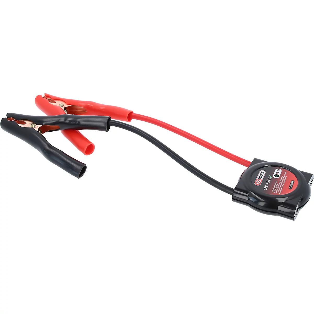 Schwarze und rote Starthilfekabelklemmen. Ein schwarzes Kabel ist mit einer schwarzen Klemme verbunden, ein rotes Kabel mit einer roten Klemme.