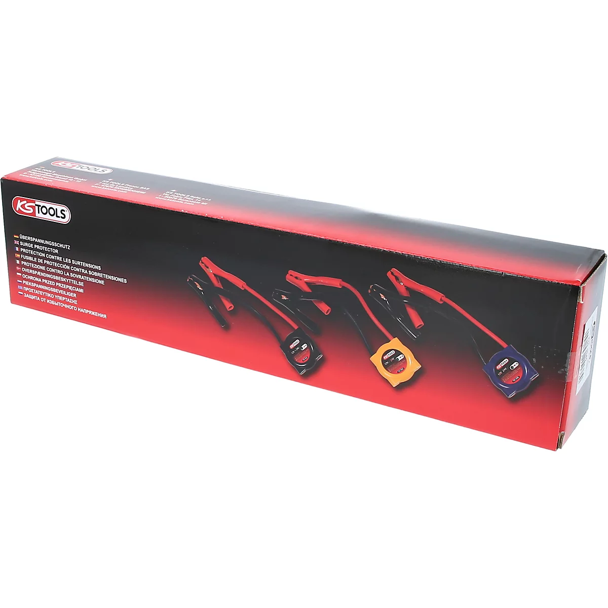 Eine lange, rechteckige Produktverpackung mit vier verschiedenen Starthilfekabeln in Rot und Schwarz.