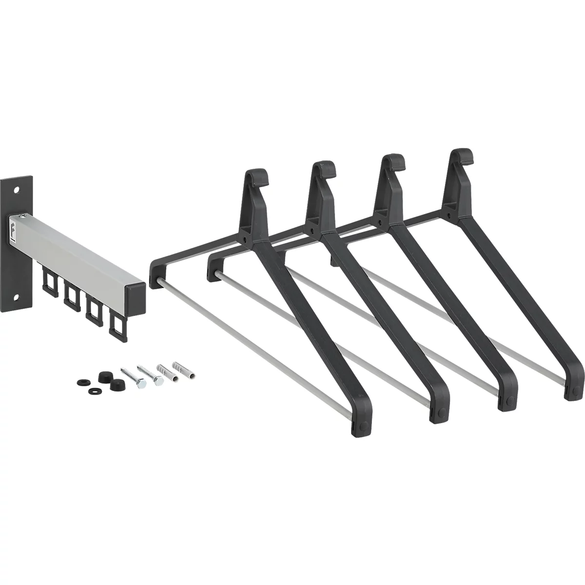 Porte-manteau mural avec cintres, accessoires de montage et support mural. Design noir et gris, vue détaillée sur fond blanc.