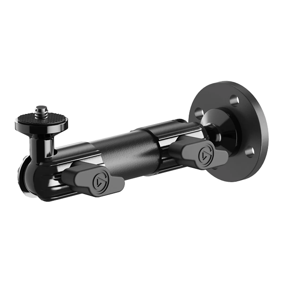 Support de caméra noir sur le mur, avec des articulations pivotantes et des boutons à vis.