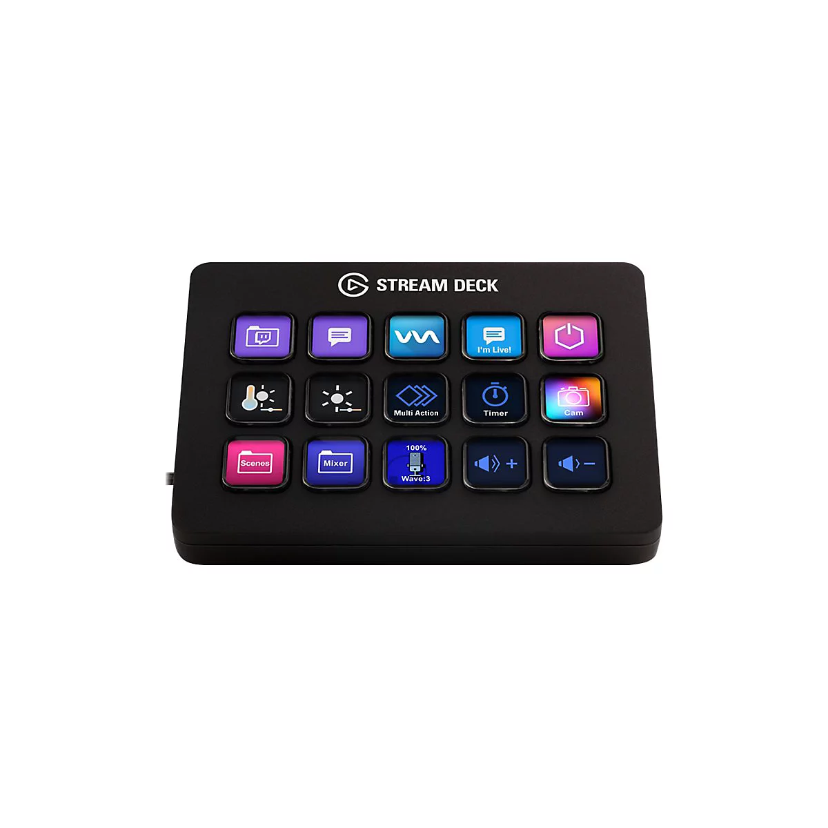Stream Deck noir avec 15 boutons illuminés, représentant diverses fonctions.