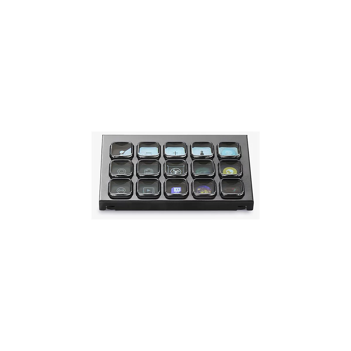 Schwarzes Bedienfeld mit 15 beleuchteten Tasten und Symbolen. Es könnte ein Stream Deck sein.