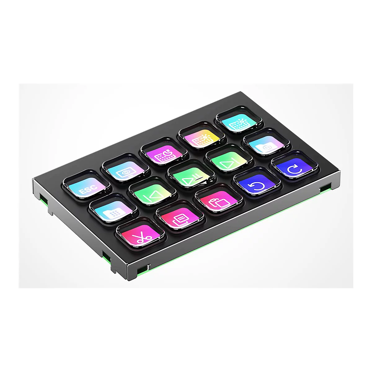 Schwarzer Controller mit 15 beleuchteten Tasten. Jede Taste zeigt ein Symbol: Pfeile, Ordner, Wiedergabe, ESC.